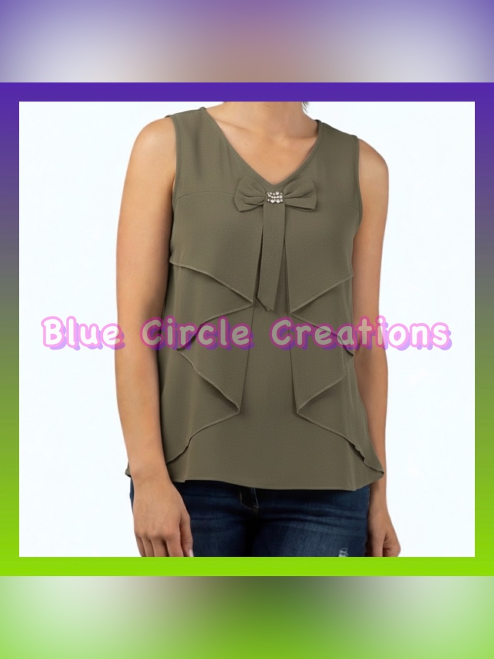 Boutiqua Brand Top Olive Green Sleeveless Blouse Ruffles and Rhinestones Small